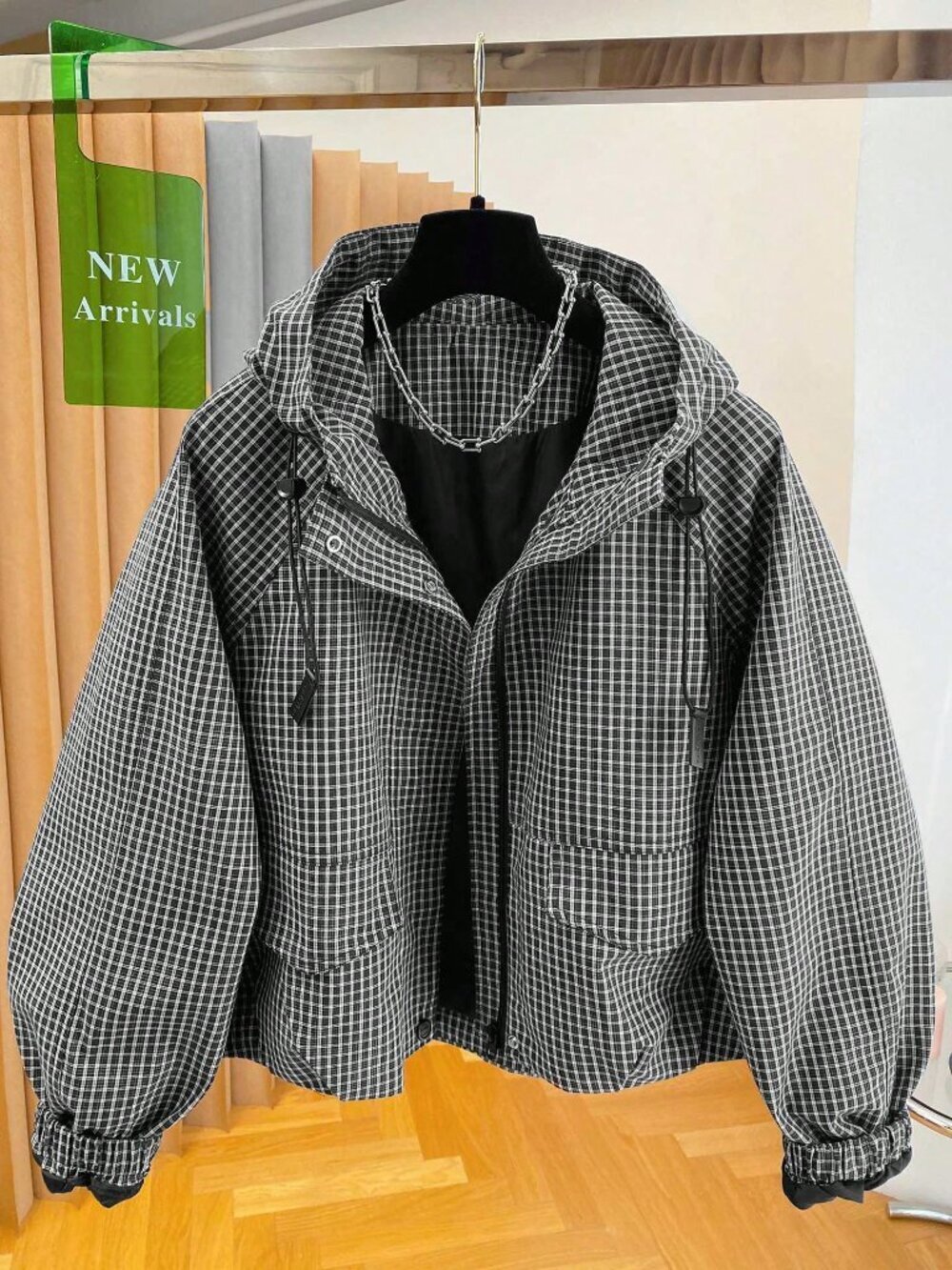 Black And White Casual Women's Grid Plaid Hooded Jacket - Picture 4 of 4